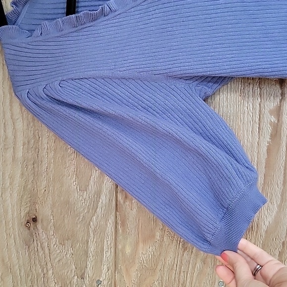 PAIGE Tasha Size Medium Blue Ribbed Short Sleeve Cotton & Silk Blend Cardigan - Picture 3 of 6